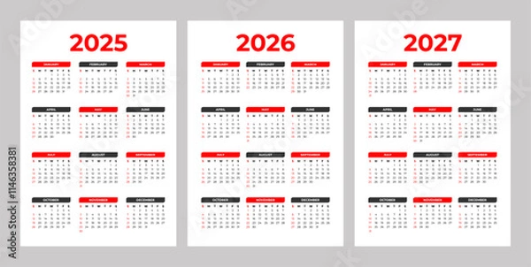 Obraz Set of 2025 2026 2027 Basic Calendar in White Background