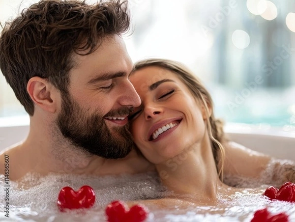 Obraz valentine sale couples luxury concept, A joyful couple enjoys a relaxing bath together, surrounded by bubbles and heart-shaped decorations, exuding love and happiness.