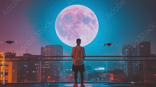 Fototapeta Man on balcony gazing at giant pink moon above futuristic city with drones.
