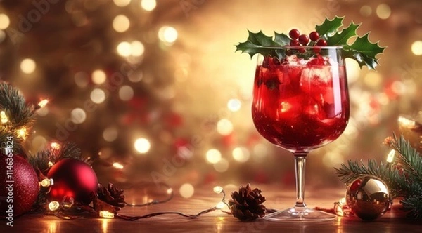 Fototapeta A festive Christmas-themed cocktail in a vibrant red color, adorned with holly and pine leaves 