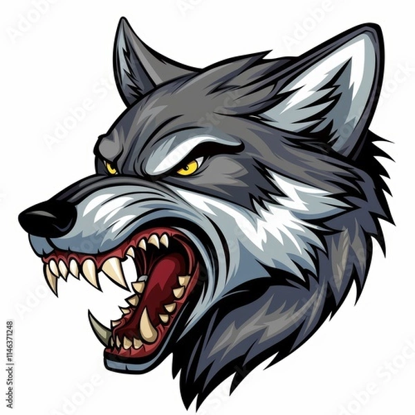 Obraz A snarling wolf head with bared teeth, depicted in a cartoon style.