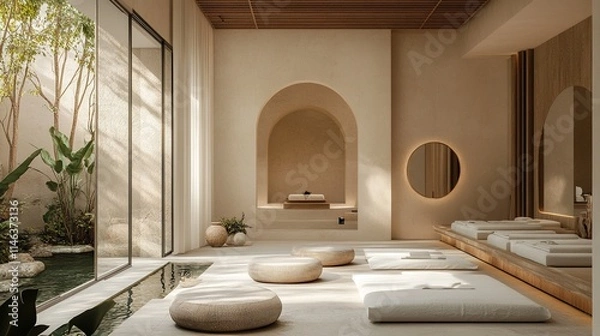 Fototapeta A luxury wellness retreat with a serene meditation garden, ideal for relaxation and rejuvenation
