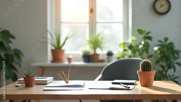 Fototapeta Office furniture includes a desk, table, and various supplies, as well as decorative items like plants such as a small cactus._00001_