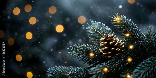 Fototapeta Winter Wonderland: Snowy Pine Branch with Golden Pinecone and Lights