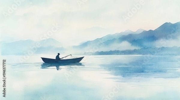 Obraz A serene watercolor scene of a lone fisherman in a boat on a tranquil lake surrounded by mountains.