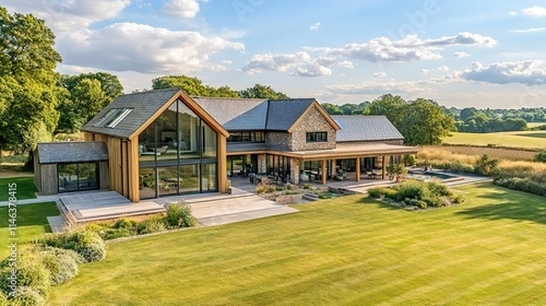 Fototapeta A luxury countryside retreat with modern architecture, beautiful gardens, and vast open spaces for relaxation