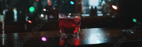 Fototapeta Red cocktail in a rocks glass on a bar top with colorful confetti.