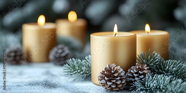 Fototapeta Golden Candles Glow Brightly with Winter Cones
