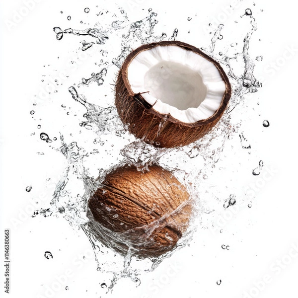 Fototapeta coconut with fresh water splash isolated on a white background