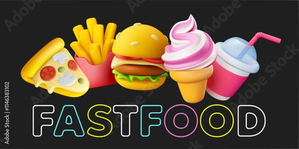 Fototapeta Vector illustration of realistic set of fast food icon with neon color word. Burger, ice cream, french fries, pizza and cola soda. 3d cartoon style design of fast food collection