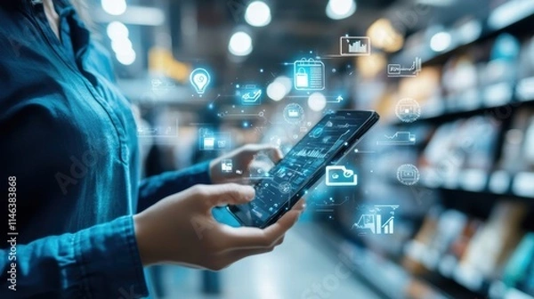 Fototapeta woman using mobile app for business analytics and inventory mana