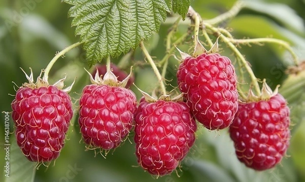 Fototapeta Freshly picked red raspberries hanging from a green leafy branch in a summer garden setting
