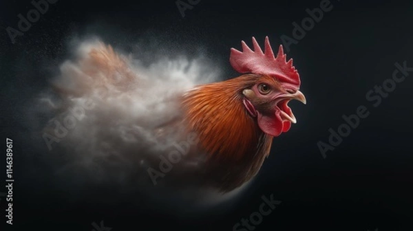 Obraz Close-up of a large rooster in an aggressive, puffed-up stance, with its feathers fully flared and wings spread wide as it flaps violently.
