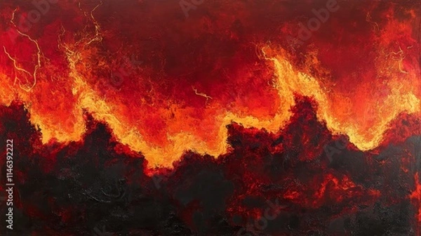Fototapeta Abstract depiction of a raging wildfire, furious waves of searing crimson and aureate flames, jagged arcs of crackling electricity surging through the inferno, a visceral and raw display of unbridled