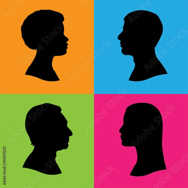Fototapeta Four vector silhouettes of human head in profile. Two women and two men of various races and ethnicities. Black isolated silhouettes on color background.