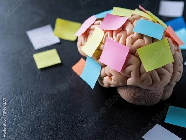 Fototapeta Brain Model with Colorful Sticky Notes on Dark Background