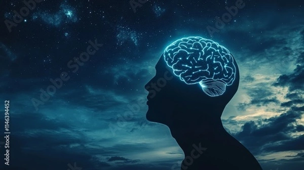 Fototapeta Human Head Silhouette with Glowing Brain, Starry Sky Background, Concept of Mind Power, Meditation, Mental Health, and Artificial Intelligence Technology