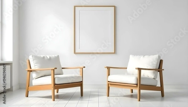 Fototapeta Two wooden armchairs with white cushions in a minimalist room with white walls and empty picture frames