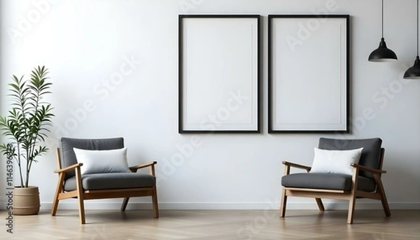 Fototapeta Two wooden armchairs with white cushions in a minimalist room with white walls and empty picture frames