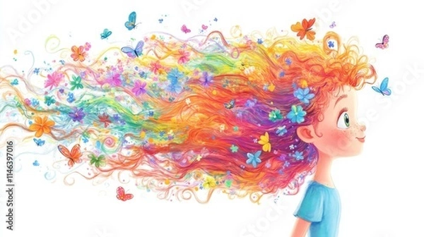 Fototapeta Whimsical Cartoon Girl with Vibrant Colorful Hair and Fantasy Elements – Children’s Illustration