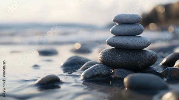 Fototapeta Stack of balancing pebbles creating harmony on the beach at sunset