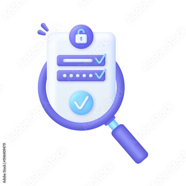 Obraz 3D Correct Password and magnifying glass. Personal data protection on the internet. Incorrect and correct data entering.