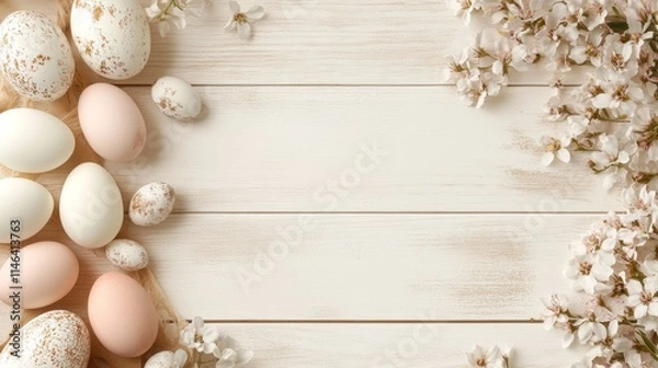 Fototapeta Colorful eggs and vibrant flowers arranged on a white wooden background, creating a festive atmosphere perfect for Easter celebrations.