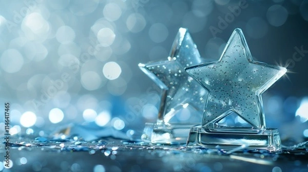 Fototapeta Blurry background, suitable for an award ceremony, in light blue, with light spots and lots of glitter, many awards in star shape, only easy to see, made of glass, with glass base