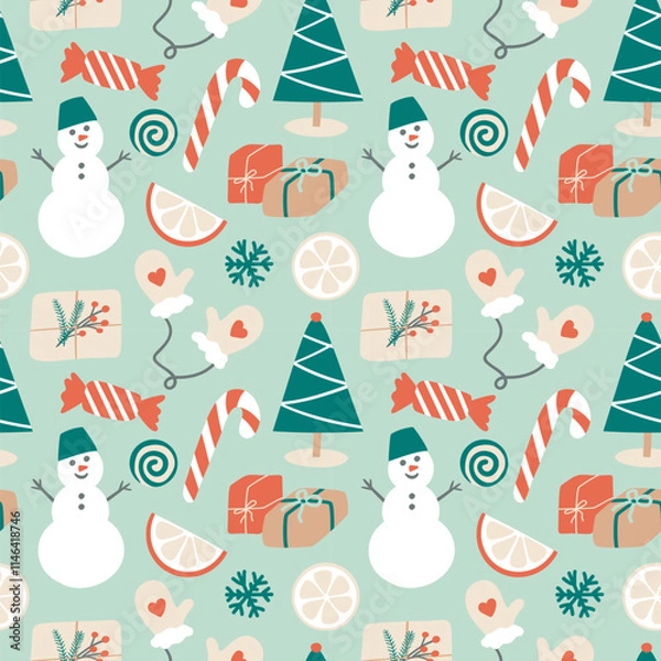 Fototapeta Simple Modern Christmas Elements Seamless Pattern. Cute flat Christmas Tree, Snowman, orange, Gift, Candies, Mittens. Perfect print for fabric, wrapping paper or cover.