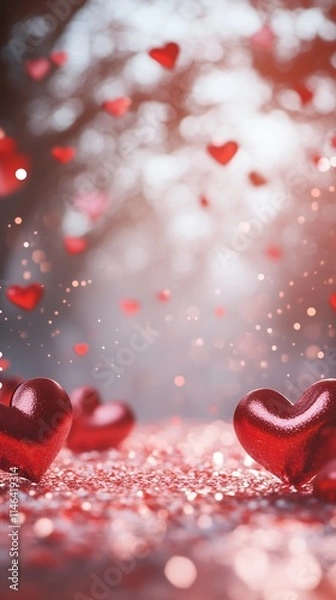 Fototapeta Vertical frame with red hearts. Copy space. Photorealistic nature, blurred background. Glitters and bokeh. Valentine's day, love concept. Generative AI 