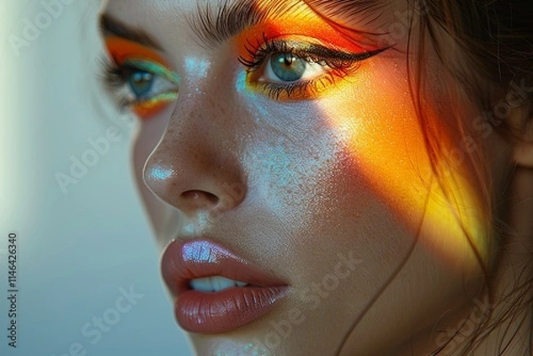 Fototapeta A captivating half-body shot of a model, her face adorned with avant-garde makeup