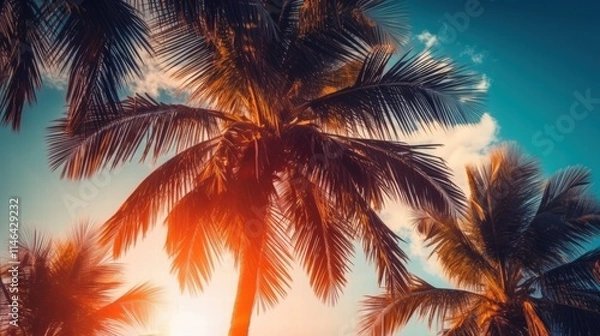 Fototapeta Majestic Tropical Palm Trees Silhouetted Against a Vibrant Sunset Sky with Warm Colors and Soft Clouds in a Serene Coastal Setting