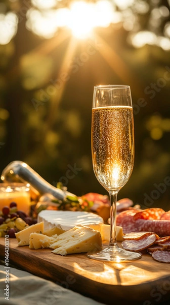 Fototapeta Sparkling Wine Glass with Cheese and Charcuterie Board in Summer Picnic Setting