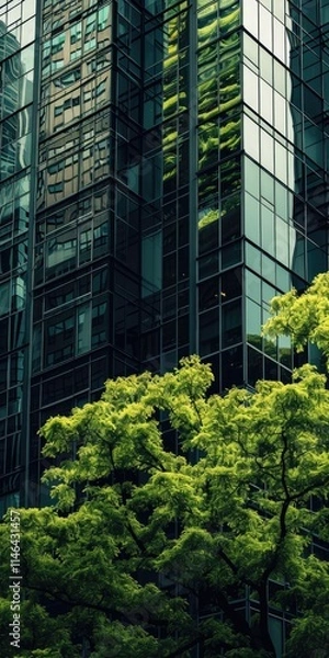 Fototapeta City Tower Oasis: Skyscraper Facade with Lush Green Trees