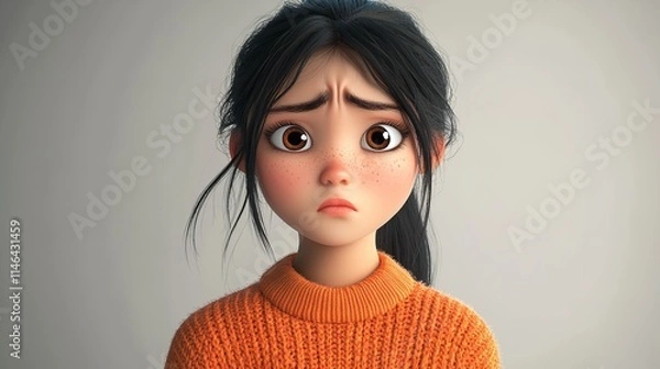 Fototapeta Sad Stressed Cartoon Character Young woman girl in orange sweater in 3D Style on Light Background
