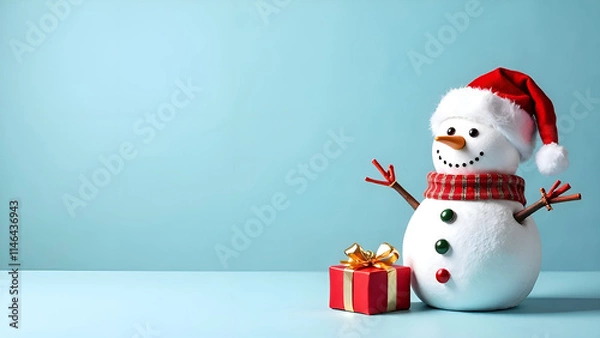 Obraz snowman with gift box on the blue background