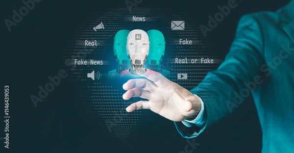 Obraz Fake News concept. Ai technology, Deepfake deep learning, deceptive stories, propaganda, lies, fabricated facts to control, manipulate opinion on internet and social media, person showing misleading
