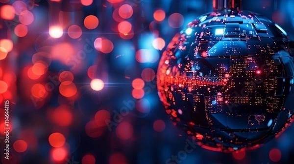 Fototapeta Robotic Christmas ball. Symbol of 2019 New Year of innovations, science and high technologies. Holiday cover with Xmas lights for poster, banner, placard and brochure