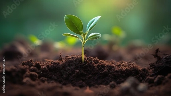 Obraz Small Green Sprout Emerging from Rich Soil Surrounded by Nature in Beautiful Sunlight, Symbolizing Growth and New Beginnings