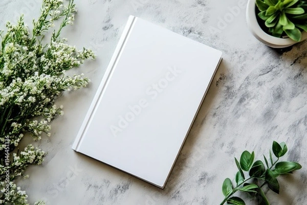 Fototapeta Blank white book cover mockup on a light marble surface with greenery