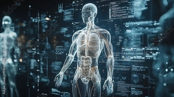 Fototapeta Highly Detailed and Interconnected Holographic Representation of the Human Body Systems Showcased in a Cutting Edge Futuristic Digital Environment
