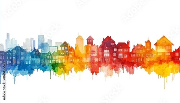 Fototapeta A colorful watercolor skyline featuring various architectural styles, showcasing vibrant hues that blend seamlessly.