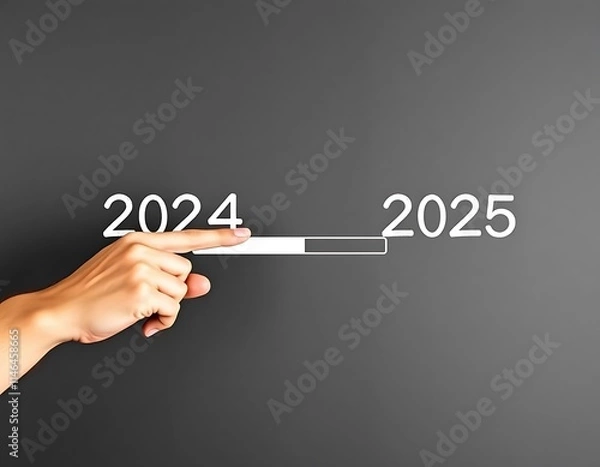 Obraz Hand Pointing to 2025 on a Blackboard: A hand reaches out from the darkness, its finger poised over the number 2025 on a black chalkboard. The gesture speaks volumes about progress, anticipation.