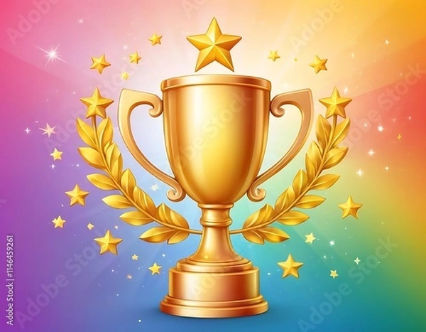 Obraz Golden Trophy on Rainbow Background: This shiny gold trophy stands proudly on a vibrant rainbow background, adorned with golden stars and laurel leaves, symbolizing achievement and triumph.