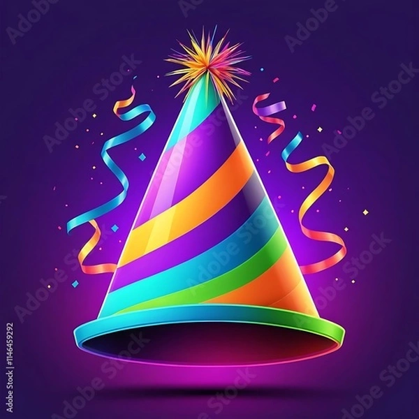 Obraz Party Time: A vibrant and cheerful party hat, adorned with colorful stripes and a sparkling topper, stands ready to celebrate.  The hat is surrounded by confetti and ribbons.