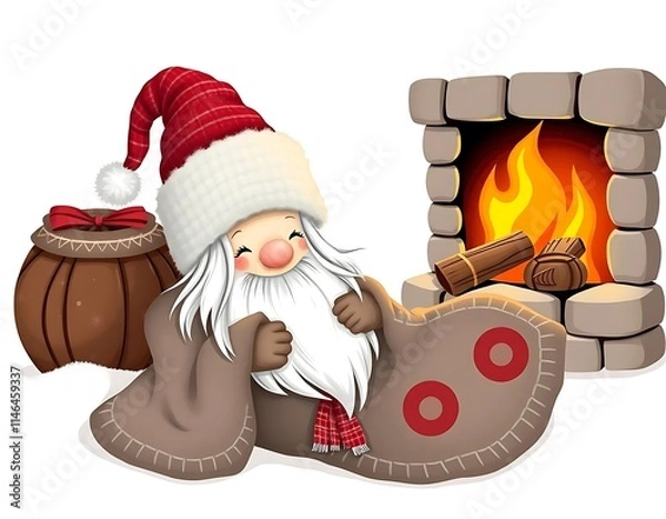 Obraz Charming cartoon Gnom character joyfully relaxing by a crackling warm stone fireplace with a festive gift sack overflowing with presents creating a cozy whimsical Christmas holiday atmosphere
