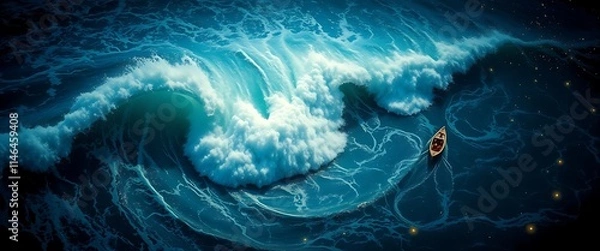 Obraz Ocean's Fury: A small boat is engulfed by a towering, monstrous wave, its jaws agape, in a surreal and captivating depiction of the ocean's raw power. The painting evokes a sense of fear and awe.