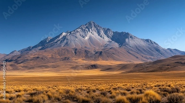 Fototapeta Majestic snow-capped mountain peak rising above a vast, arid, golden plain under a clear blue sky.