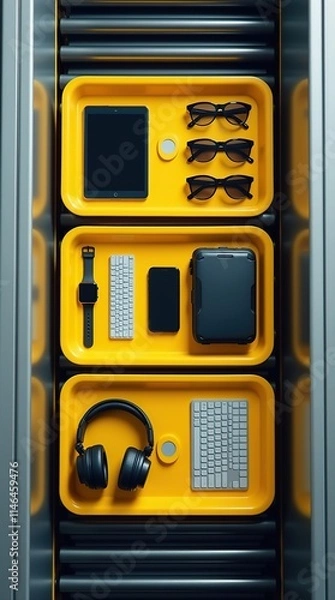 Fototapeta Top-Down View of Items in Bright Yellow Security Trays at Airport