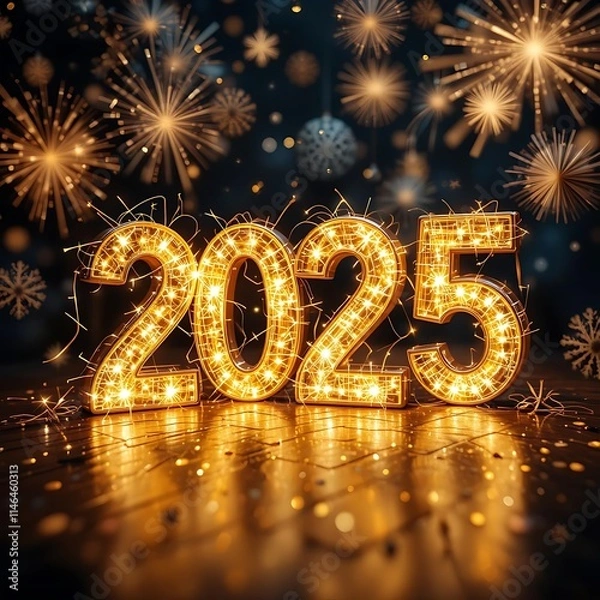 Obraz 2025: A Sparkling New Year's Eve Celebration: A glowing "2025" sign, illuminated with twinkling lights, against a backdrop of fireworks and glittering snowflakes, evokes a sense of hope, optimism.